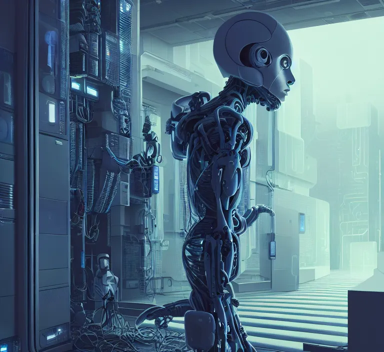 Prompt: hyperrealism stock photo of highly detailed stylish humanoid robot in sci - fi cyberpunk style by gragory crewdson and vincent di fate with many details by josan gonzalez working in the highly detailed data center by mike winkelmann and laurie greasley hyperrealism photo on dsmc 3 system rendered in blender and octane render