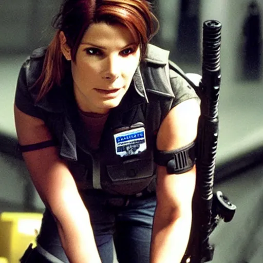 Prompt: Sandra bullock as Claire redfield in resident evil 2, police station, tactical gear