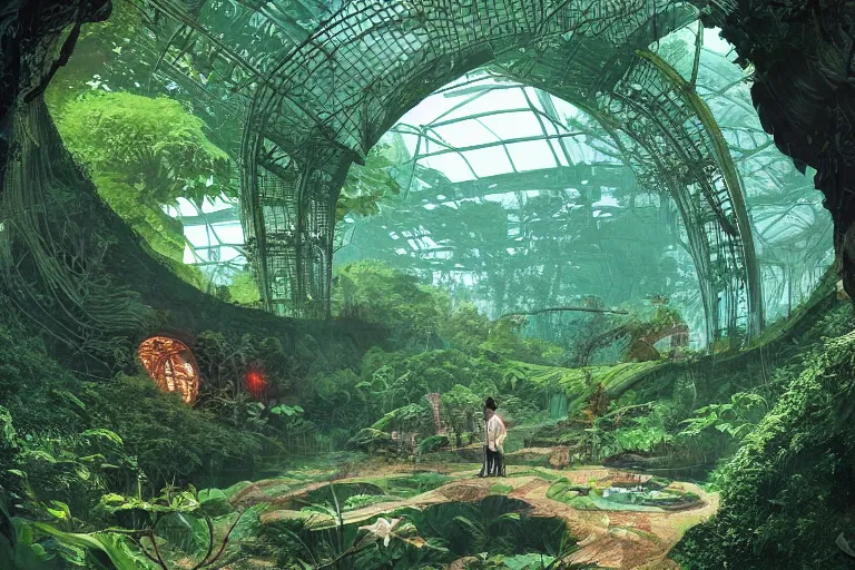 Prompt: deep natural cave with lush vegetation, victorian green house, kid and mad scientist walking, giant video screens, sci - fi, retrofuturism, concept art by moebius and victo ngai, architecture by francois schuiten, clean line, diesel punk, artstation