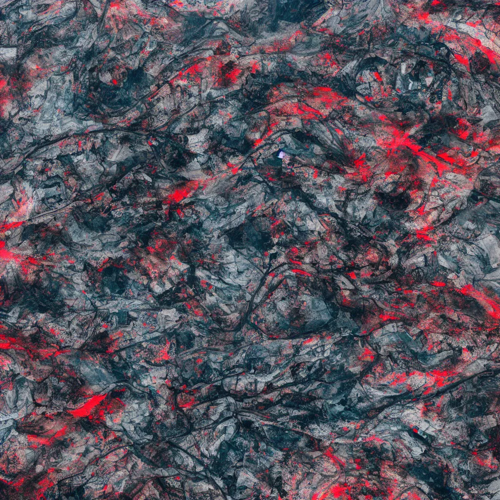 Prompt: aerial high resolution photography of a disrupted landscape, vibrant iridescent, sky is not visible, 8K, Octane Render, cinematic, state of the art, hyperrealistic lighting studio, color scheme is black red gray