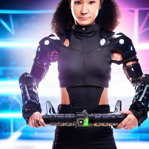 Image similar to photo of a female cyber ninja warrior with high tech weapons