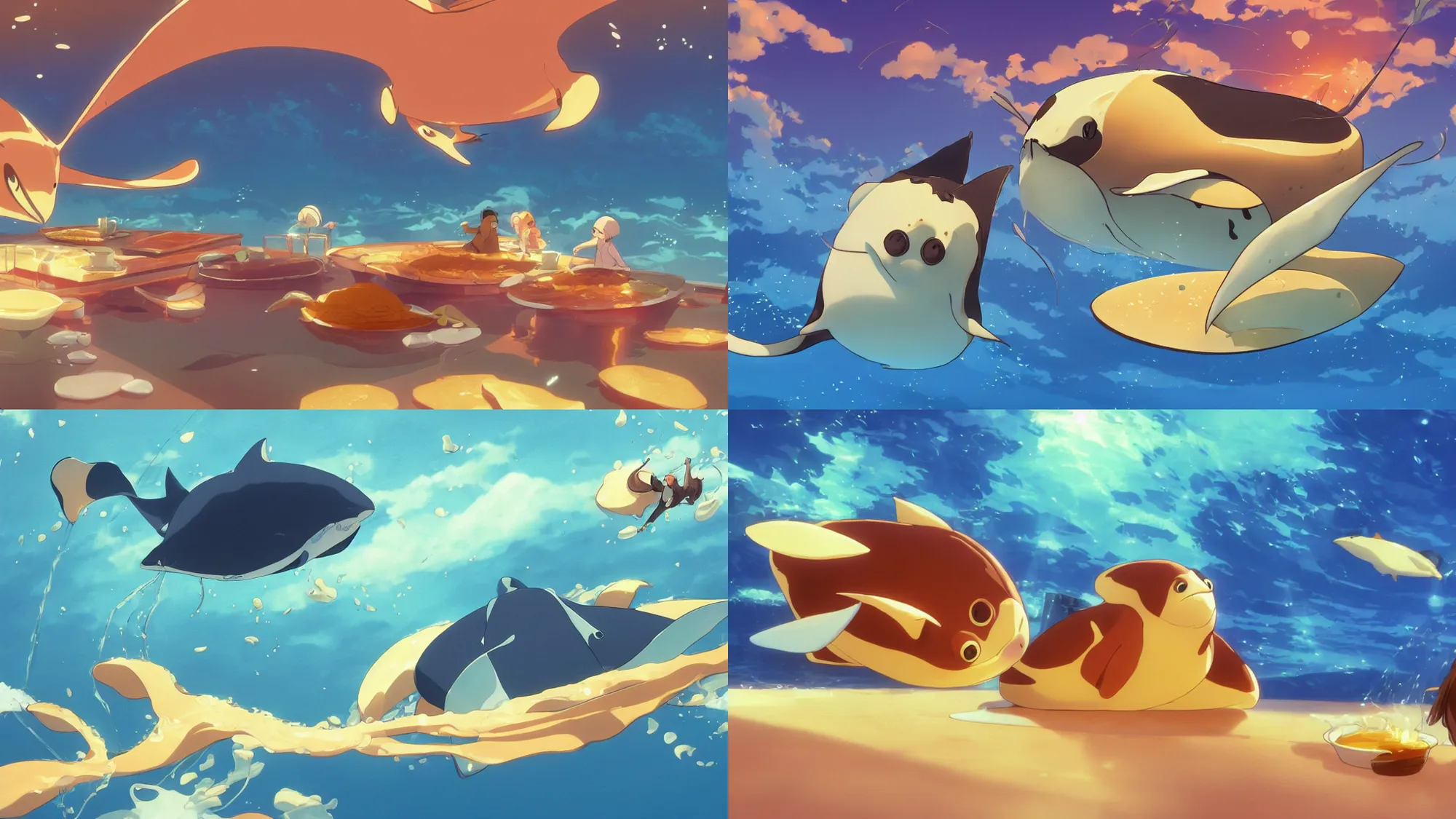 Prompt: pancake manta swimming in syrup, cute, 4 k, manta pancake, fantasy food world, living food adorable manta, golden brown atmospheric lighting, beautiful lighting composition, by makoto shinkai, studio ghibli, chris moore