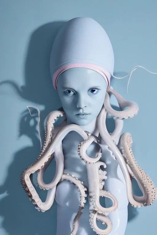 Image similar to full head and shoulders, beautiful porcelain female person, smooth, delicate facial features, big detailed eyes, white lashes, wearing a pale blue swimming cap and pale pink swimming costume, 3 d white large octopus tentacles by daniel arsham and james jean