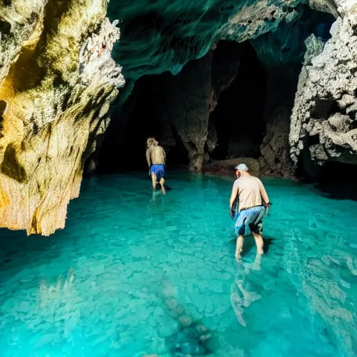 Prompt: photo of spelunkers exploring a beautiful majestic cave full of geodes, crystals, and gemstones. there is a natural pool of turquoise water. professional journalistic photography from national geofraphic.