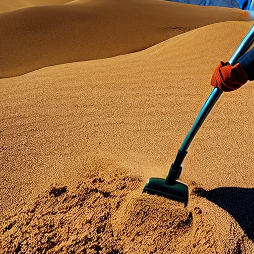 Image similar to beautiful photograph of a man vacuuming sand in a desert