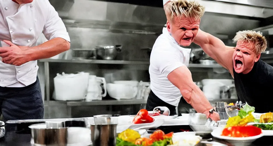 Image similar to photo of angry furious Gordon Ramsay punching Gordon Ramsay at the kitchen