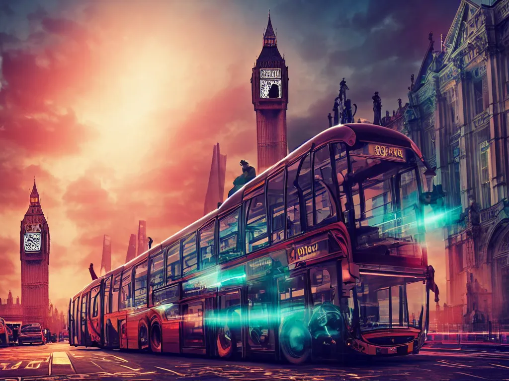 Image similar to an ancient beautiful cyborg with glowing eyes in the city of London, a cyborg with tentacles from it's head, part machine, westminster in background, london bus, colourful, dramatic lighting, golden hour, very detailed octane render very realistic beautiful