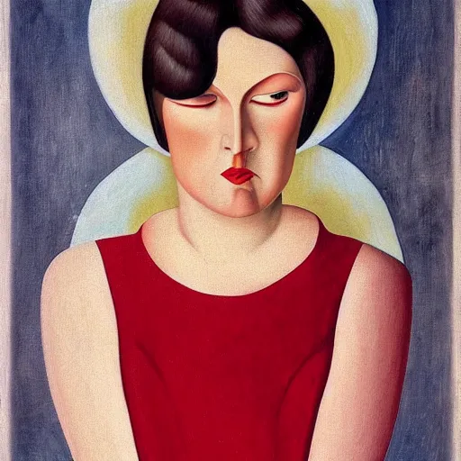 Prompt: a middle aged woman in a red dress, by christian schad