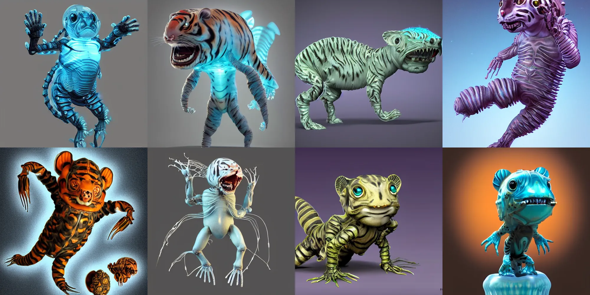 Image similar to cute! biomechanical baby tiger, by Wayne Barlowe, ghost shrimp, Barreleye fish, translucent SSS xray, Barreleye, rimlight, jelly fish dancing, fighting, bioluminescent screaming pictoplasma characterdesign toydesign toy monster creature, zbrush, octane, hardsurface modelling, artstation, cg society, by greg rutkowksi, by Eddie Mendoza, by Peter mohrbacher, by tooth wu