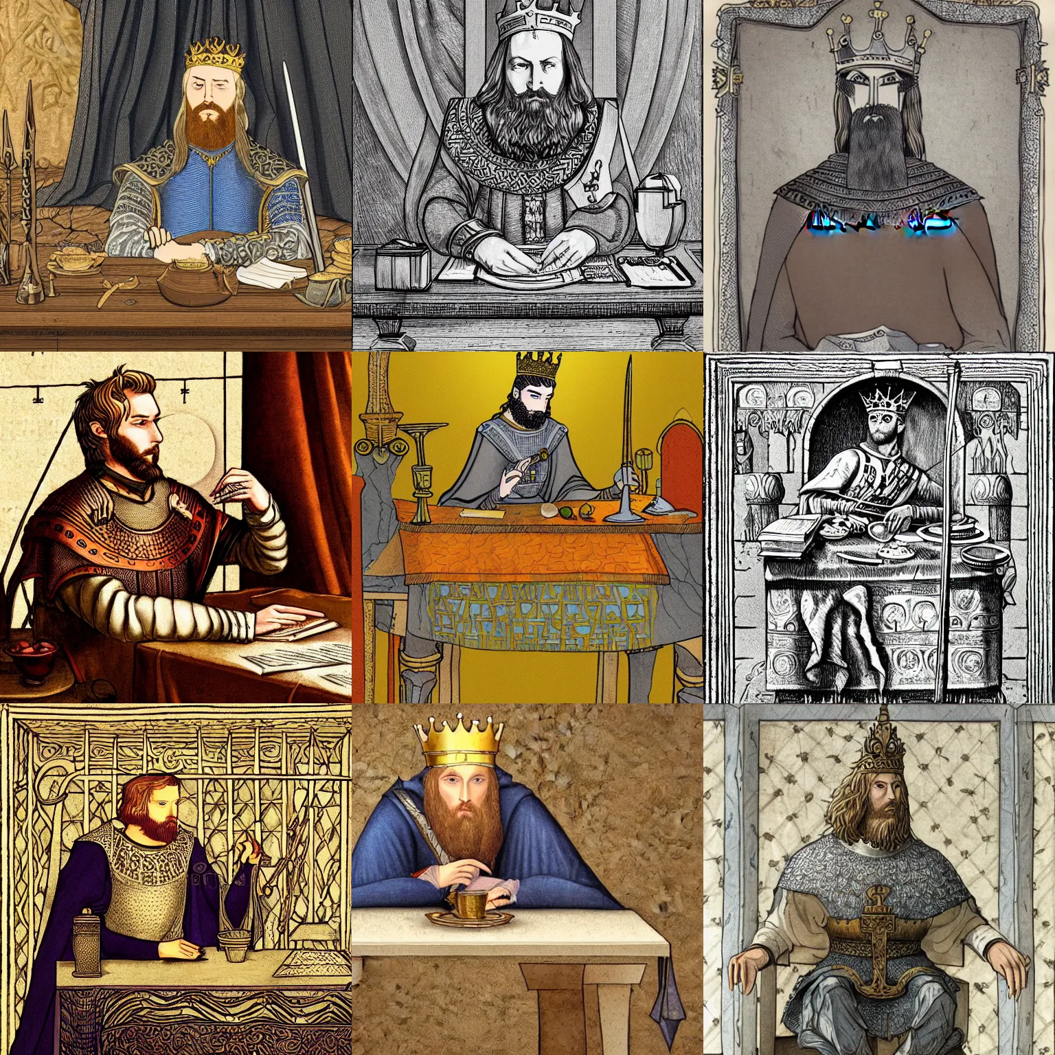 Prompt: highly detailed, semi realistic contemporary arthurian digital illustration, well shaded, portrait of king arthur leaning over a table