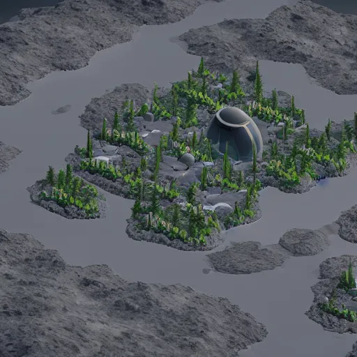 Image similar to isometric view of a small colony on a distant strange planet, unreal engine