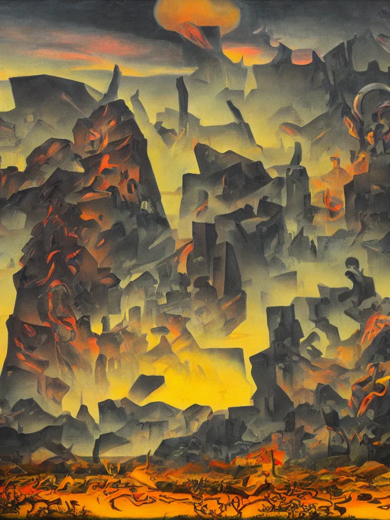 Prompt: bright dramatic lighting colorful surrealist oil painting titled'now we'll all be brothers of the fossil fire of the sun ', magical realism symbolist, ruined city landscape with hybrid animal protagonist, painted by grant wood and rene magritte and max ernst, shocking detail trending on artstation 8 k