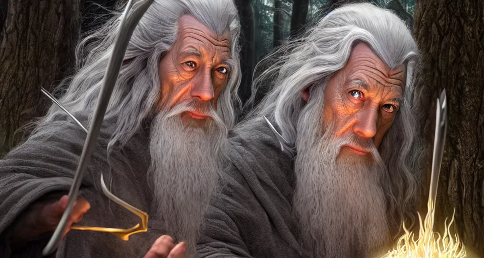 Image similar to A beautiful hyper realistic ultra detailed lifelike matte painting of Gandalf the grey casting a magic gigantic fork spell at crimson beehive in forest, unreal engine, deviantart, flickr, artstation, octane render, textured, colorful, extreme realistic detail, physically based rendering, pbr render, very detailed, volumetric lighting, detailed lighting, octane render, 4k, cinematic lighting, 8k resolution