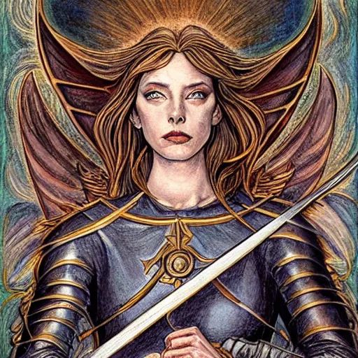 Image similar to jeanne d'arc in the style of william blake, terese nielsen, detailed, intricate, beautiful faces, steve argyle, triumphant fate
