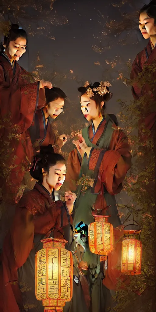 Prompt: mid - autumn night, ancient chinese women look at lanterns together, fine details. night setting. realistic shaded lighting poster by craig mullism, artgerm, jeremy lipkin and michael garmash, unreal engine, radiant light, detailed and intricate environment, digital art,