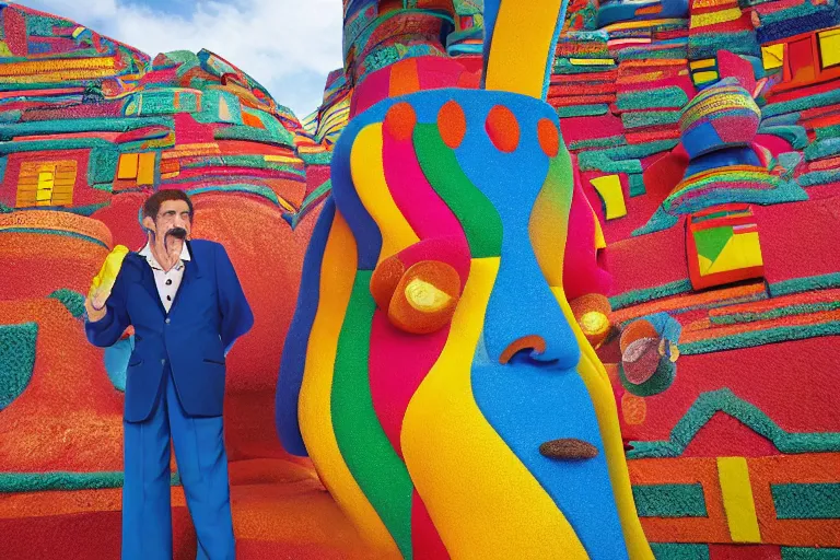 Image similar to Barry Chuckle as neo-Andean architecture by Freddy Mamani, realistic human-building hybrid