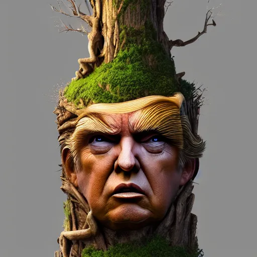 Image similar to donald trump is fused into a tree stump, hyperdetailed, artstation, cgsociety, 8 k