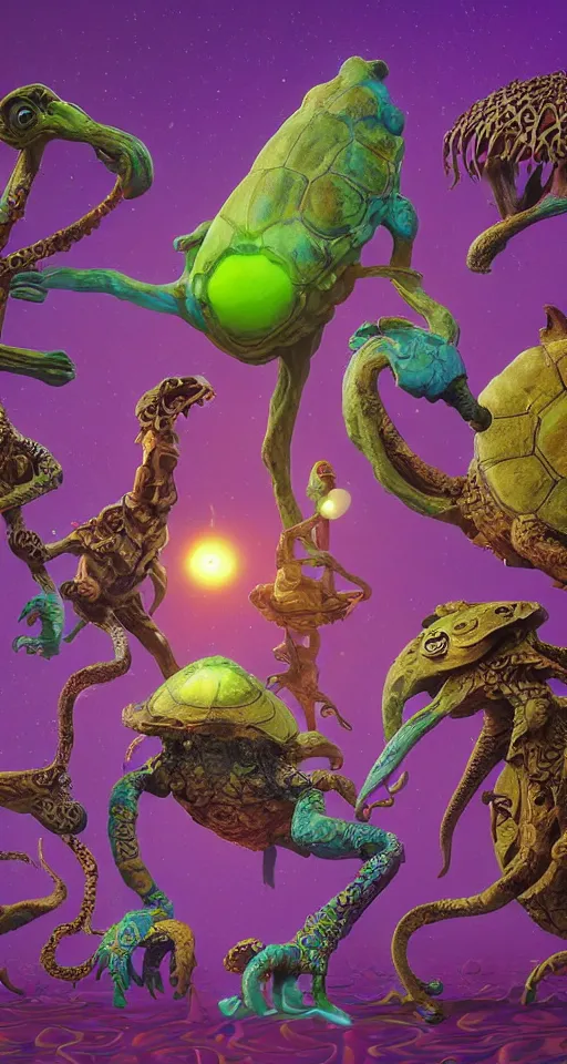 Prompt: a strange bird turtle octopus giraffe chimera creature waiting for the bus with other monsters, on an alien planet, in the style of shaun tan and sam shearon and dr seuss, close up, glossy, beautiful, fantastic, wonderful, science fiction, dramatic lighting, high contrast, psychedelic fractal background, 3 d sculpture 8 k octane render