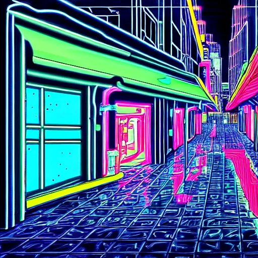 Image similar to walking alone in the boulevard of broken dreams, with neon lights, hyper detail, in the style of moebius, rule of thirds