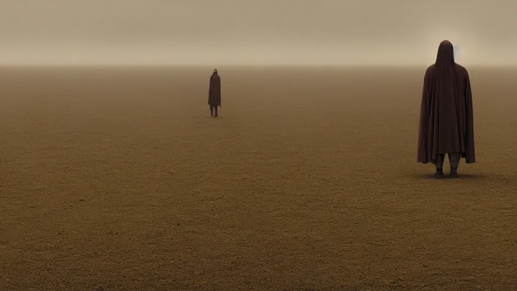 Image similar to regret, film still from the movie directed by Denis Villeneuve with art direction by Zdzisław Beksiński, wide lens