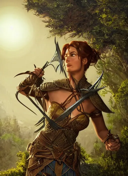 Image similar to archer huntress, ultra detailed fantasy, dndbeyond, realistic, dnd character portrait, full body, pathfinder, pinterest, art by ralph horsley, dnd, rpg, lotr game design fanart by concept art, behance hd, artstation, deviantart, global illumination radiating a glowing aura global illumination ray tracing hdr render in unreal engine 5