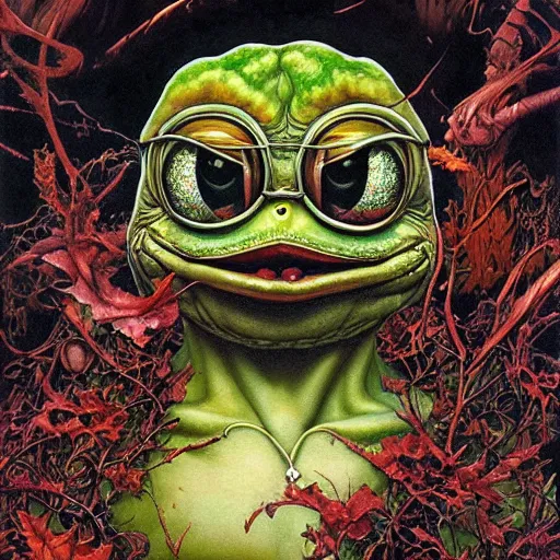 Prompt: realistic detailed image of Pepe the Frog by Ayami Kojima, Amano, Karol Bak, Greg Hildebrandt, and Mark Brooks, Neo-Gothic, gothic, rich deep colors. Beksinski painting, part by Adrian Ghenie and Gerhard Richter. art by Takato Yamamoto. masterpiece