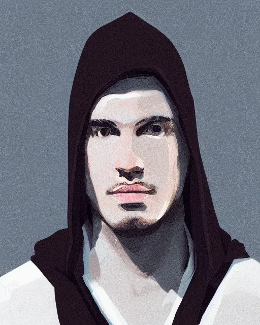 Image similar to digital art portrait of a young man in dark robes, hooded