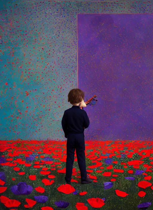 Image similar to portrait of a child violinist in suit standing in a landscape of poppies and purple stars in the sky, vincent lefevre and hernan bas and pat steir and hilma af klint, symmetrical face, psychological, photorealistic, dripping paint, washy brush, rendered in octane, altermodern, masterpiece