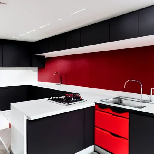 Image similar to photo of black, matte kitchen fronts surfaces and furniture, dark red walls at the back, white floor tiles on the ground, white ceiling, architecture, concept art