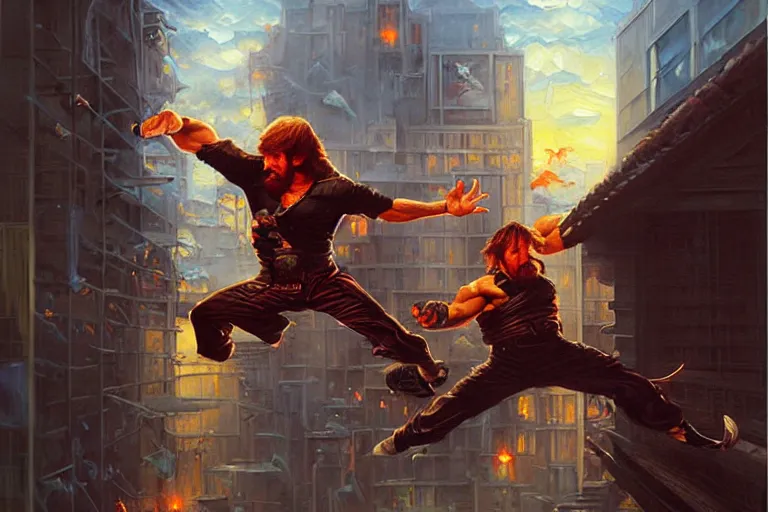 Prompt: chuck norris kicking a ninja out a window, an oil painting by ross tran and thomas kincade
