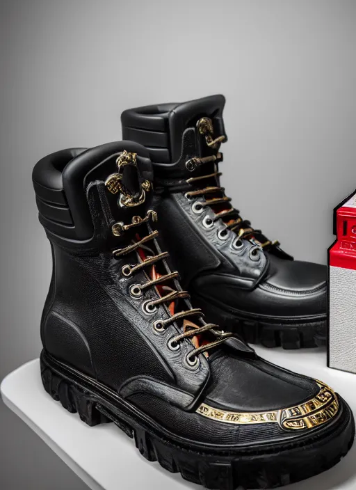 Prompt: hyperrealistic and heavy detailed product photo versace boot of judge dredd, in front of white back drop, whole shoe is in picture, leica sl 2 5 0 mm, vivid color, high quality, high textured, real life