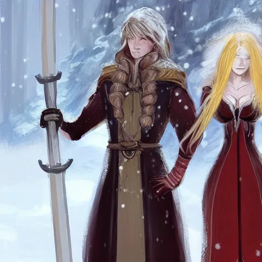 Prompt: A woman and a man are standing in the snow, the woman is leaning against the man, the man has long red hair, the woman has blonde long hair, the man has a red thick sword, the woman has a thin, long sword, a tree almost fully covered in bulky snow, concept art by Fabien Charuau, trending on pixiv, fantasy art, official art, wiccan, concept art, 4k, sharp details