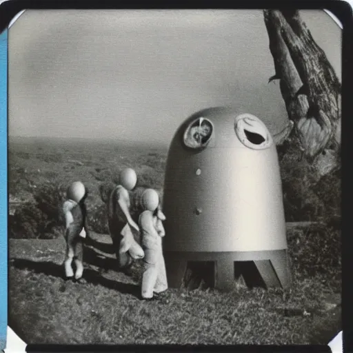 Image similar to polaroid photograph of aliens visiting earth, 1 9 5 0