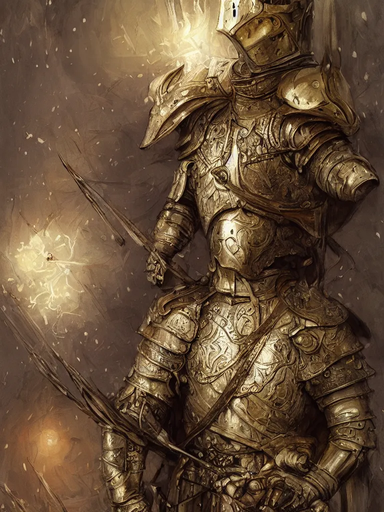 Prompt: breathtaking detailed soft painting of white knight in armor, gauze dress of fireflies and art nouveau sallet of embers, rembrandt style, detailed art nouveau stained glass, christian saint rosace, elegant, highly detailed, artstation, concept art, matte, sharp focus, art by Anato Finnstark, Artgerm and Greg Rutkowski