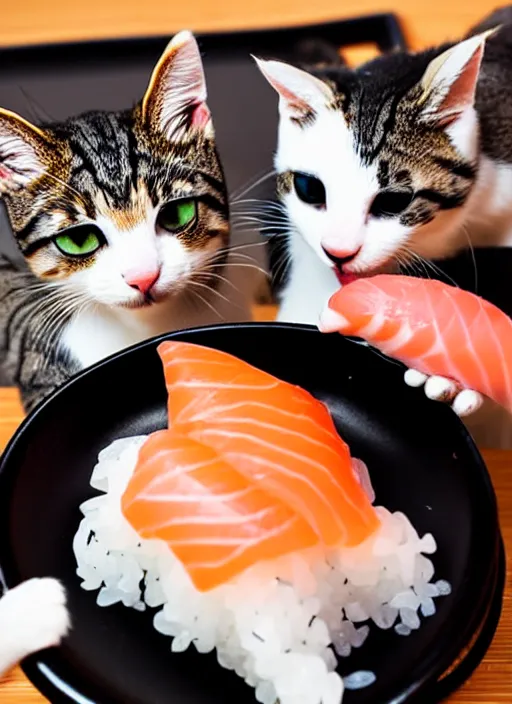 Image similar to clear photograph of cute cats stealing sushi from sushi plates