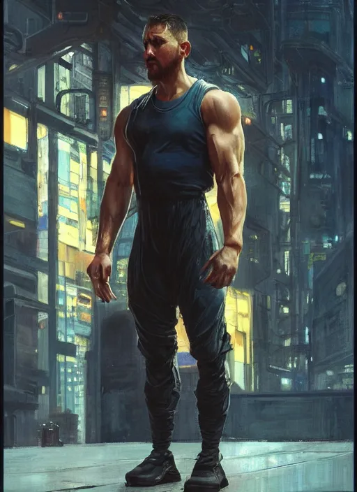 Image similar to buff cyberpunk olympic weightlifter with robotic arms wearing a jumpsuit ( blade runner 2 0 4 9, cyberpunk 2 0 7 7 character design ). orientalist portrait by john william waterhouse and james gurney and theodore ralli and nasreddine dinet, oil on canvas. cinematic, hyper realism, realistic proportions, dramatic lighting, high detail 4 k