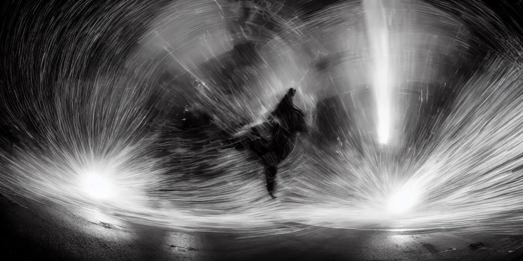 Image similar to fisheye slow motion with trail effect of futuristic break dancer with flowing long dark cloak and tongue of fires, long exposure shot , enigmatic, at night in the middle of a rainy street, paddle of water, steam, fog, water splashes, rim lights, glossy reflections, water droplets on lens, octane render, Volumetric Golden dappled dynamic lighting, dark and dramatic, detailed and soft,