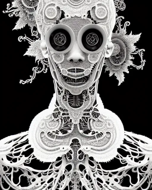 Image similar to surreal black and white photo portrait of complex bio-mechanical beautiful young female vegetal-cyborg with a Mandelbrot fractal steampunk metal fine lace face, a very long neck and a fine metal floral foliage super big lace collar by Alexander McQueen:: smoke, high fashion, haute couture, rococo, steampunk, silver filigree details, anatomical, facial muscles, cable wires, microchip, elegant, dreamy, foggy atmosphere, hyper realistic, 150 mm lens, soft rim light, octane render, unreal engine, picture was taken in 1910 by Man Ray, volumetric lighting, dramatic light,8k,