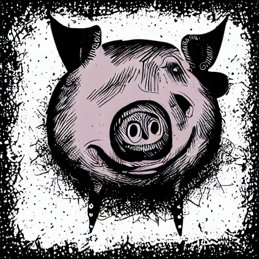 Prompt: dark art grunge cartoon vector sketch of a little piggy with a crown by - mrrevenge instagram, loony toons style, horror theme, detailed, elegant, intricate