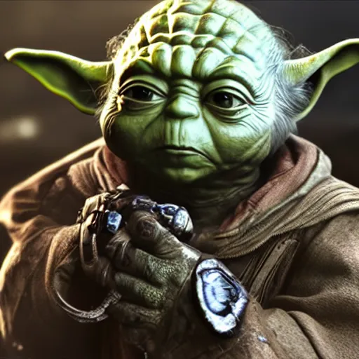 Image similar to Yoda in gears of war, splash art, movie still, detailed face, cinematic lighting, dramatic, octane render, long lens, shallow depth of field, bokeh, anamorphic lens flare, 8k, hyper detailed, 35mm film grain