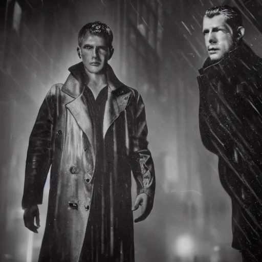 Image similar to old black and white photo, 1 9 3 3, depicting blade runner and replicant, ultra realistic face, leica, historical record, dramatic lighting