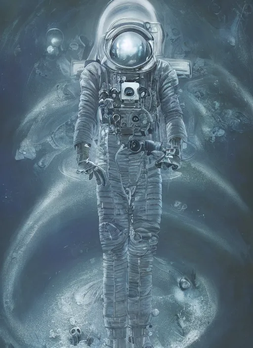 Image similar to astronaut in dark void underwater - complex and hyperdetailed technical suit design. reflection and dispersion materials. rays and dispersion of light. volumetric light. f / 3 2. noise film photo. flash photography. ultra realistic, 5 0 mm. poster by wayne barlowe, hajime sorayama aaron horkey, craig mullins