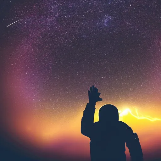 Image similar to astronaut silhouette with arms extended forward, bottom of arms lit by light coming from off camera, light coming from below, starry sky background, lit from below, full body photo,, 8 k