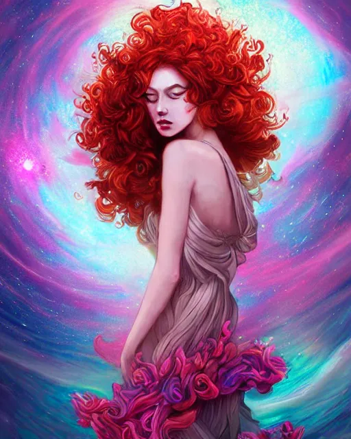 Prompt: Goddess with curly red hair floating in a sea of cosmic stars, swirling floral dress, astral flower couture, by WLOP and Artgerm, victoria's secret, deviantart, radiant light, artstation