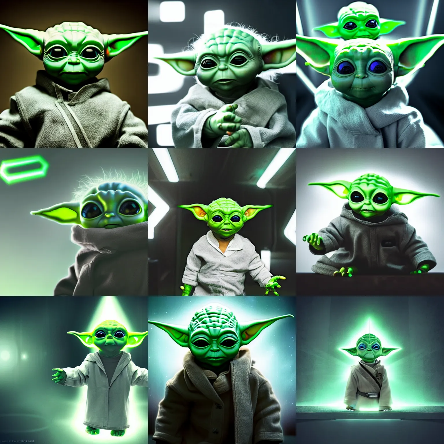 Prompt: Cyborg baby yoda with white hair, green eyes, exploring futuristic base, Deus Ex elegant clothes, illuminated by surrounding lights, high quality, highly detailed
