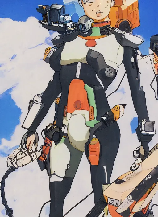 Image similar to Portrait of a female mech pilot in a latex bodysuit, 90s anime, cel-shaded, highly detailed, dramatic background, complementary lighting, poster