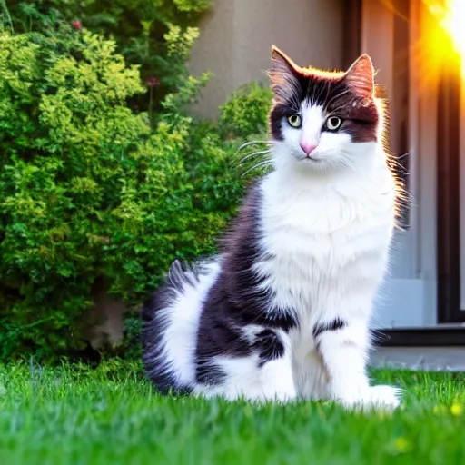 Image similar to a fluffy cute calico cat sitting on the corner of a front yard outside in the late afternoon on a beautiful summer day, sunset