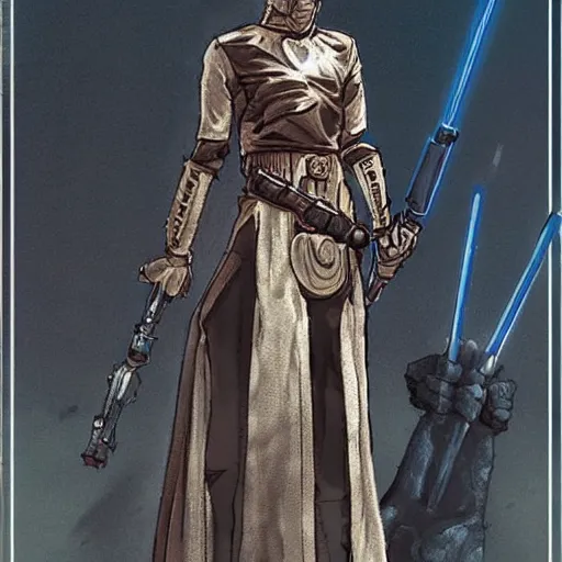 Prompt: star wars costume design, warrior dress, robes, ornate, highly detailed fabric, concept art, cinematic