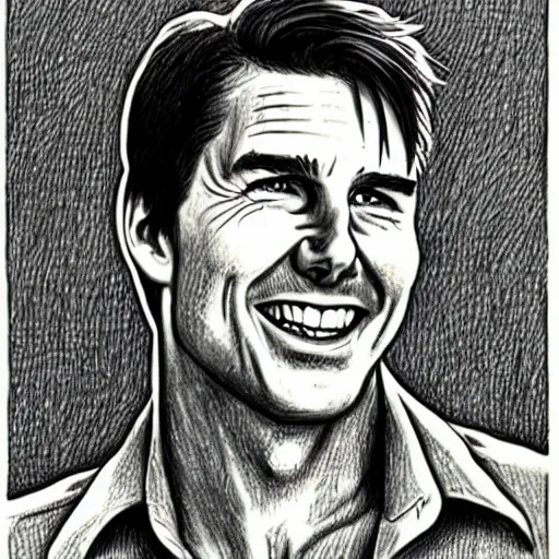 Image similar to a portrait drawing of Tom Cruise drawn by Robert Crumb