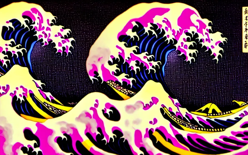 Prompt: The Great Wave off Kanagawa with pink lava and fire, rococo style , hyperreal, detailed , 4k